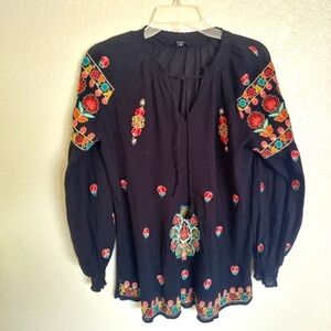 Tolani Beaded Embroidered boho balloon sleeve Black Cotton blouse sz M